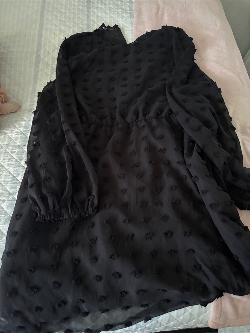 SHEIN Black Textured Swiss Dot V-Neck Dress